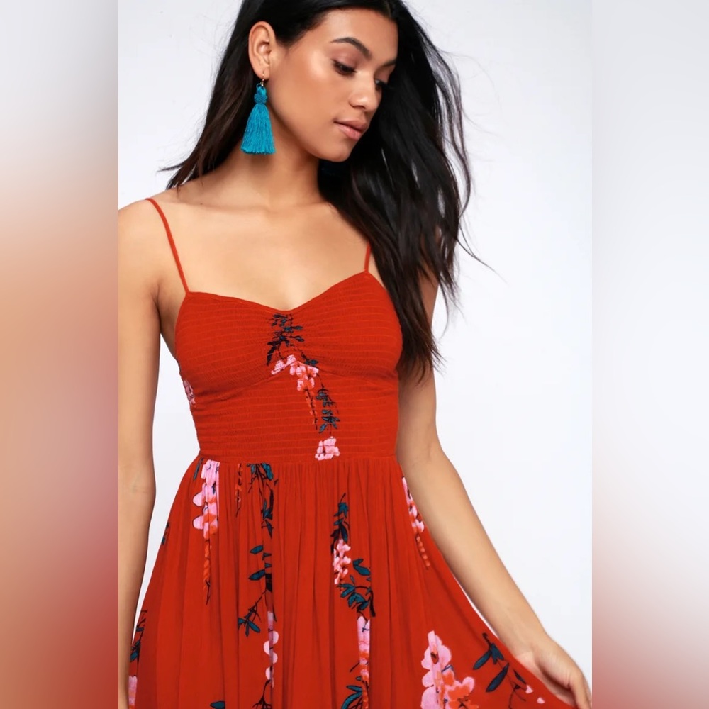 Free People Red Floral Spaghetti Strap Maxi Dress